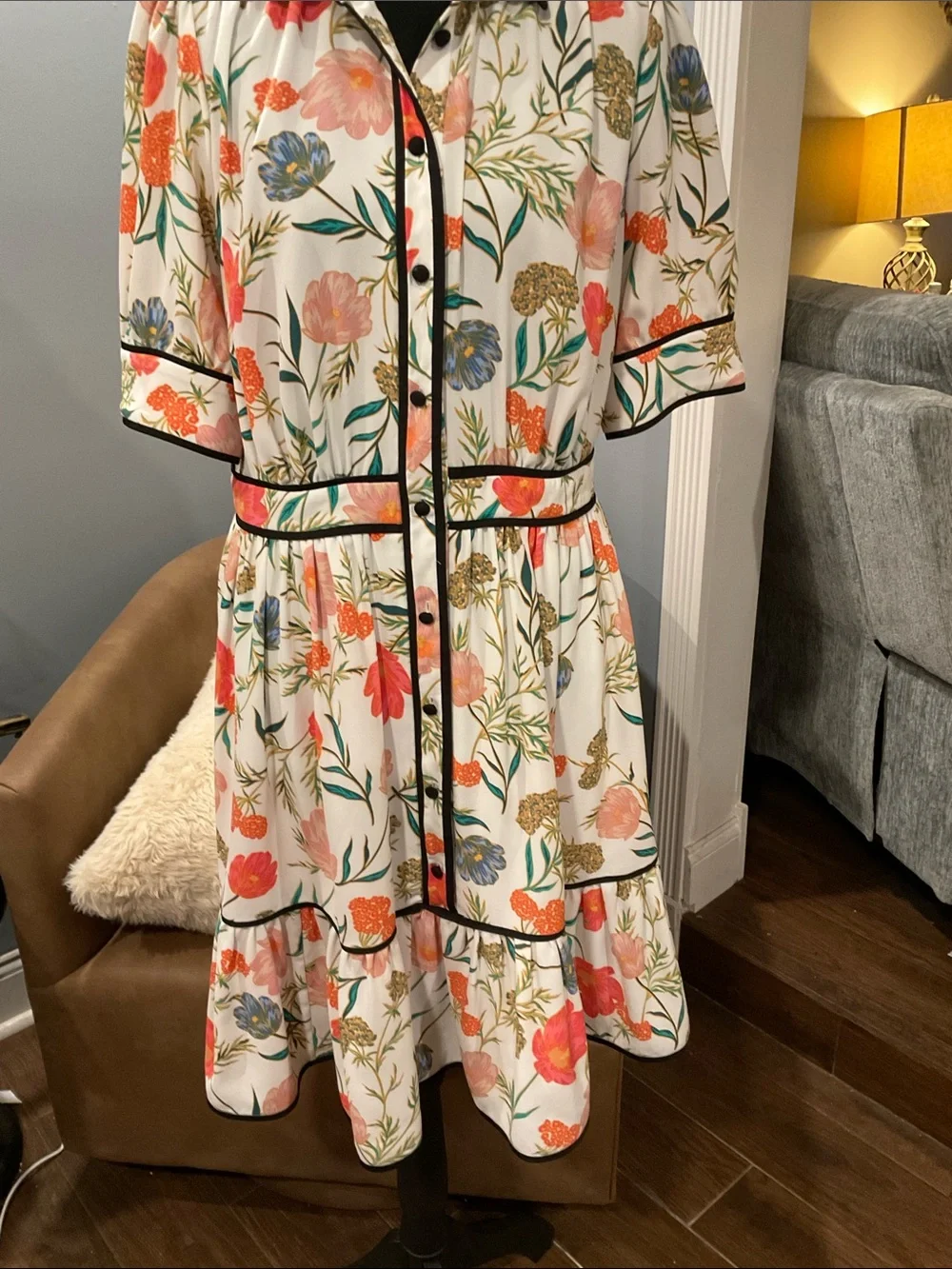 Kate Spade Picnic Perfect Blossom Womens Size 10 Tiered Ruffle Sleeve Shirtdress